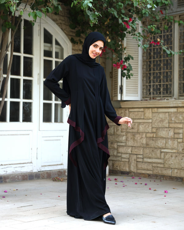 Abaya With Front Chiffon Drape Black Maroon C65