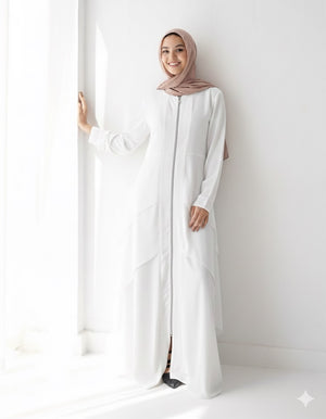 Layered Chiffon Abaya with Zipper White C161