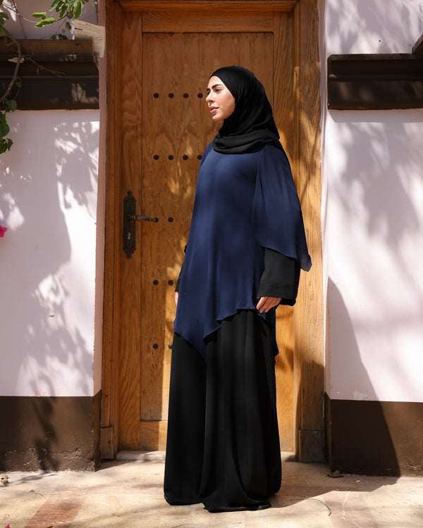 The Asymmetric Layered Abaya Black Navy C110
