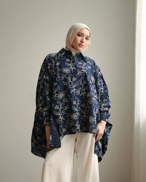 Floral Embroidered Oversized Linen Shirt Navy C2190