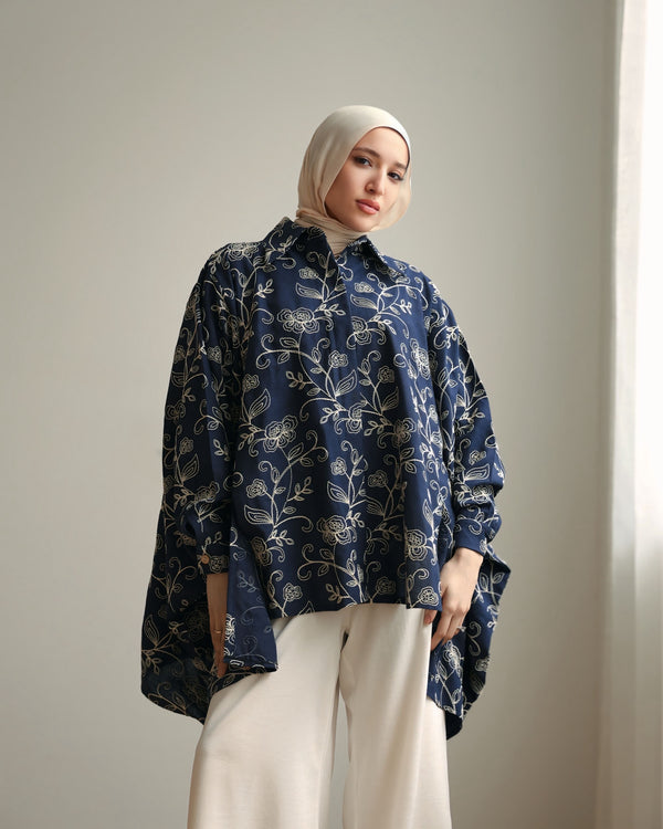 Floral Embroidered Oversized Linen Shirt Navy C2190