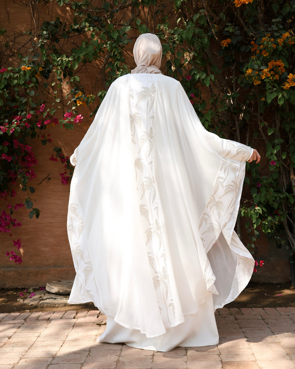 Palm Embroidered Chiffon Cape Offwhite C2741