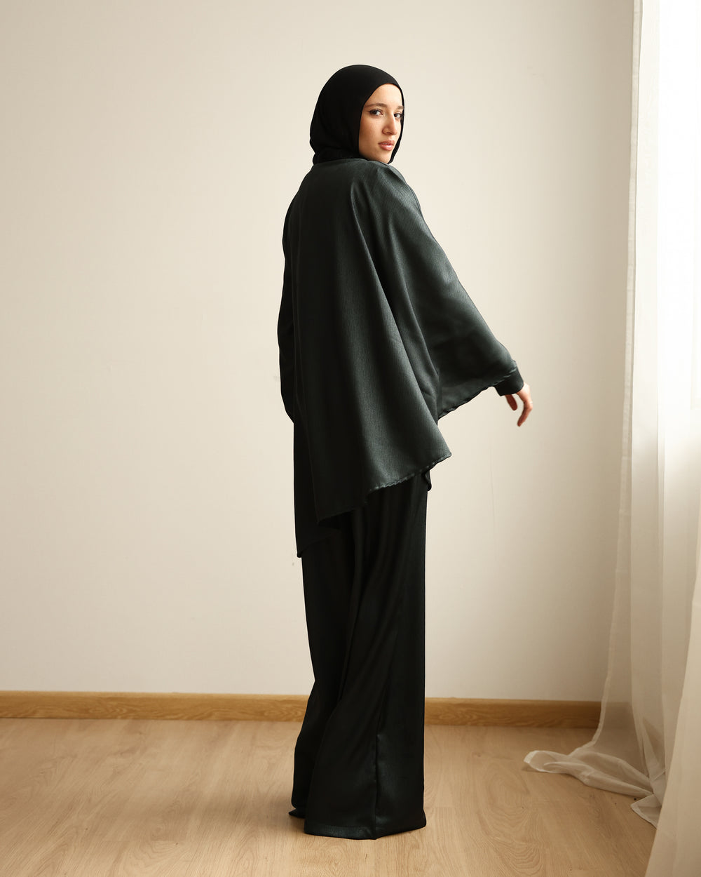 Shimmer Cape-Overlay Jumpsuit Dark Green C1781