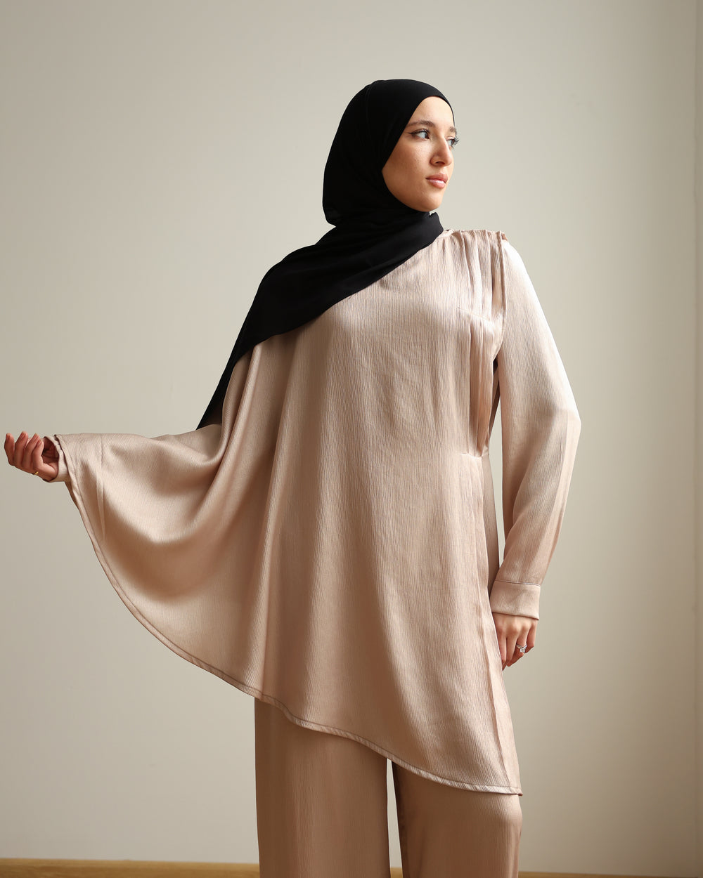 Shimmer Cape-Overlay Jumpsuit Beige C1781