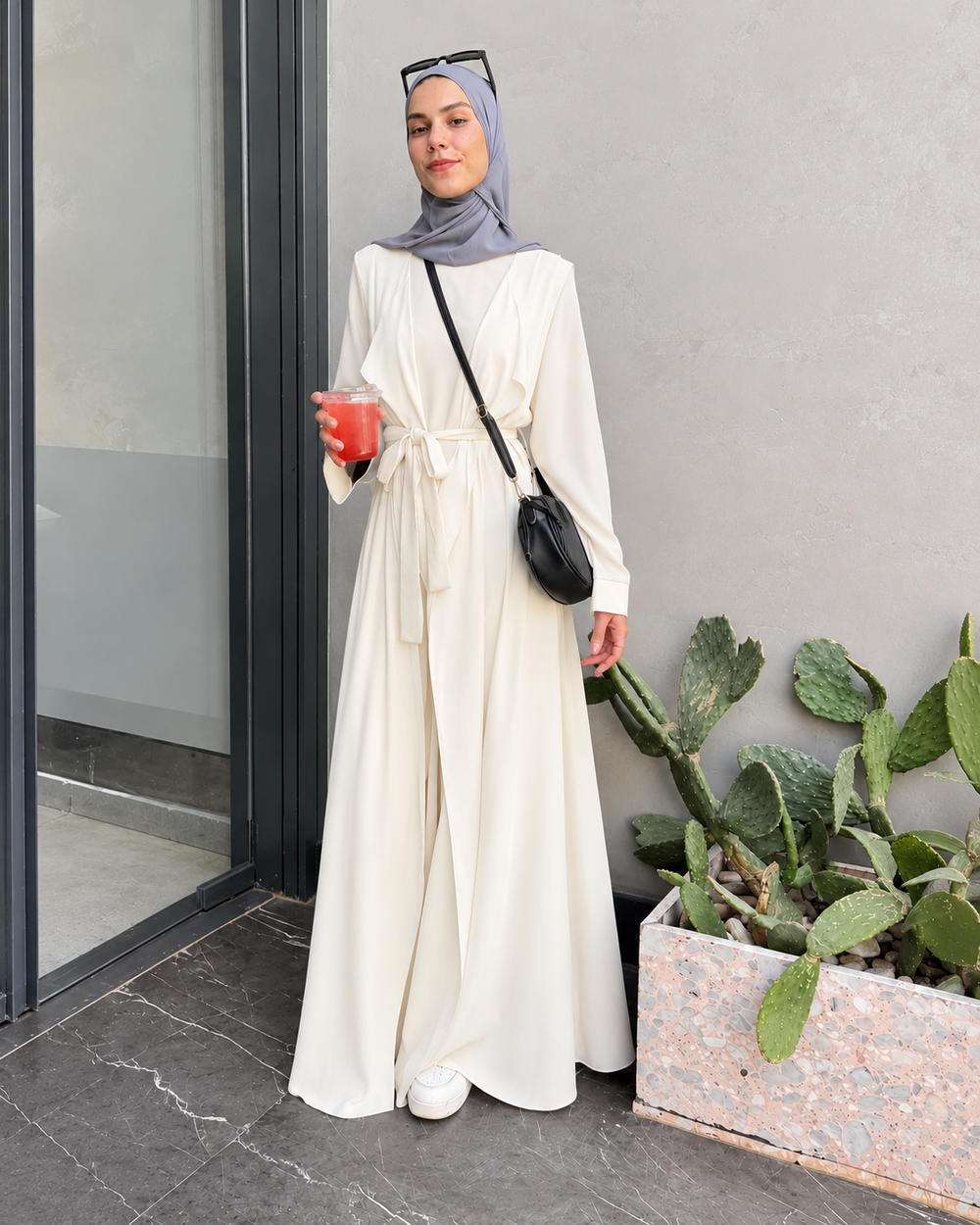 Sided Chiffon Crepe Abaya Offwhite C46