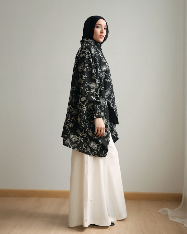 Floral Embroidered Oversized Linen Shirt Black C2190