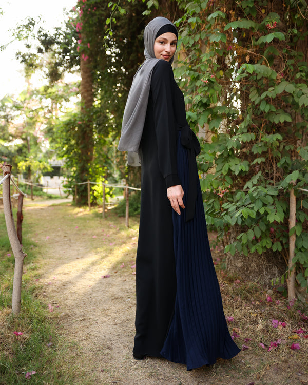 Side Wrap Pleated Abaya Navy C113