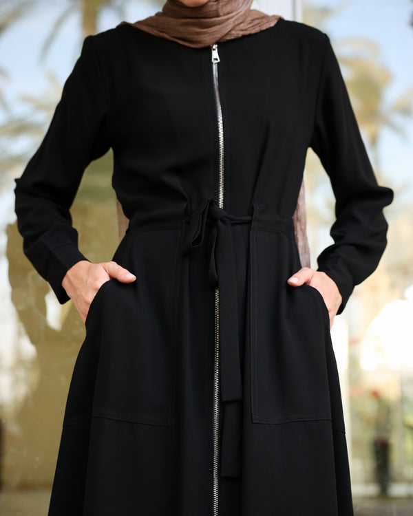 Zipper Abaya With Waist Tie C188