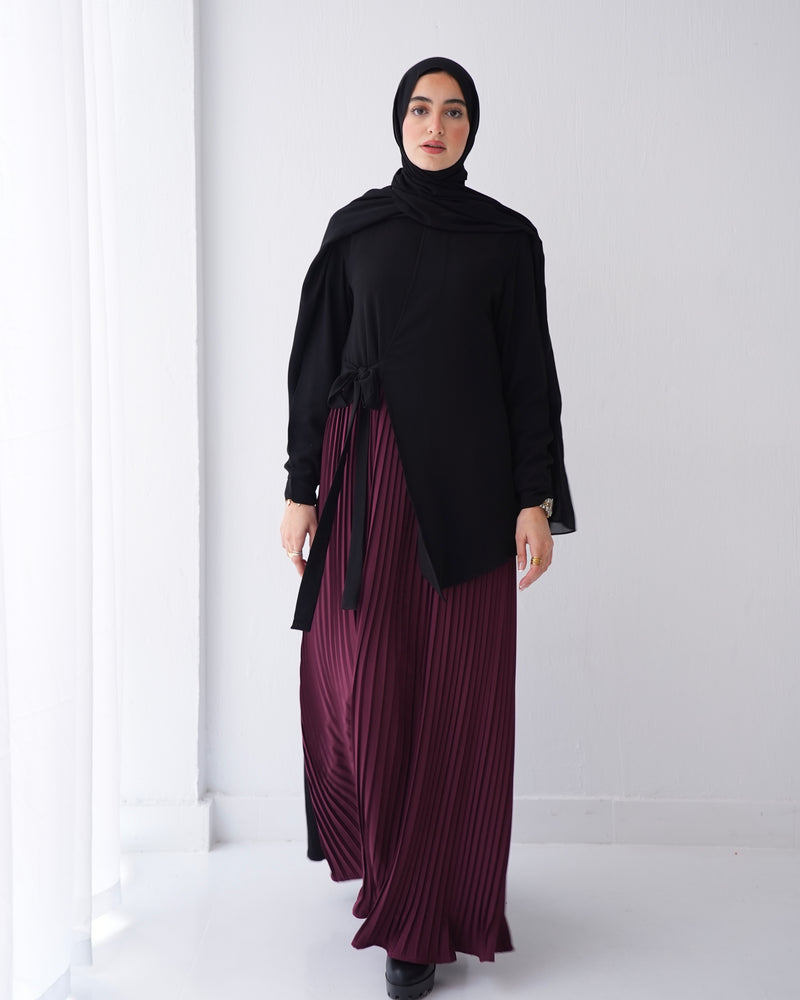 Side Wrap Pleated Abaya Burgundy C113