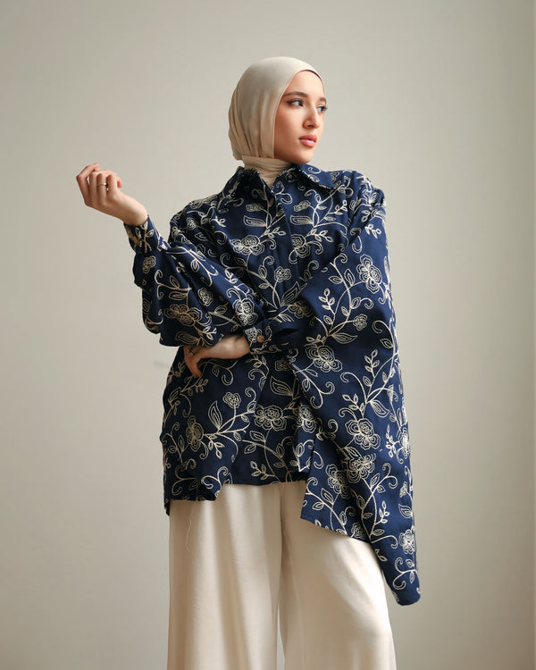 Floral Embroidered Oversized Linen Shirt Navy C2190