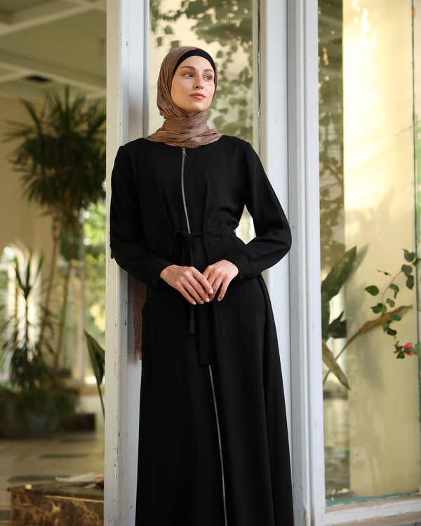 Zipper Abaya With Waist Tie C188