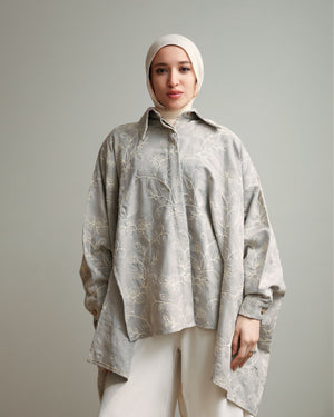 Floral Embroidered Oversized Linen Shirt Grey C2190