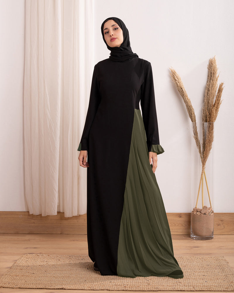 Asymmetrical Pleated Abaya Olive C104