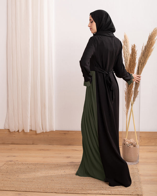 Asymmetrical Pleated Abaya Olive C104