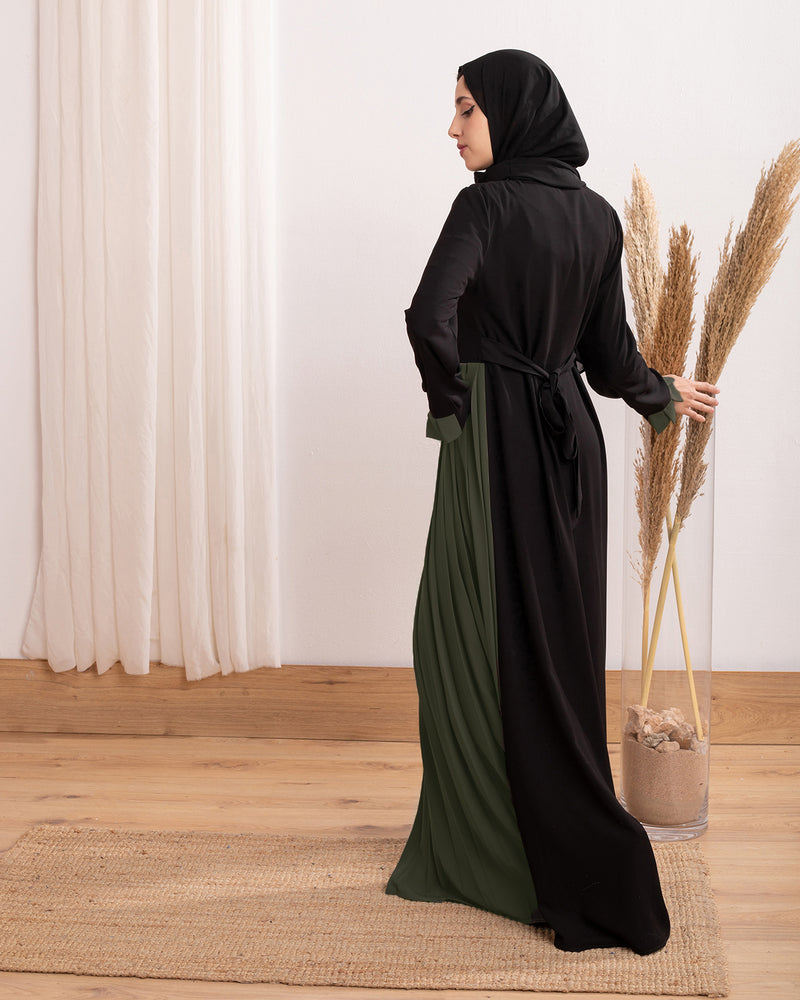 Asymmetrical Pleated Abaya Olive C104