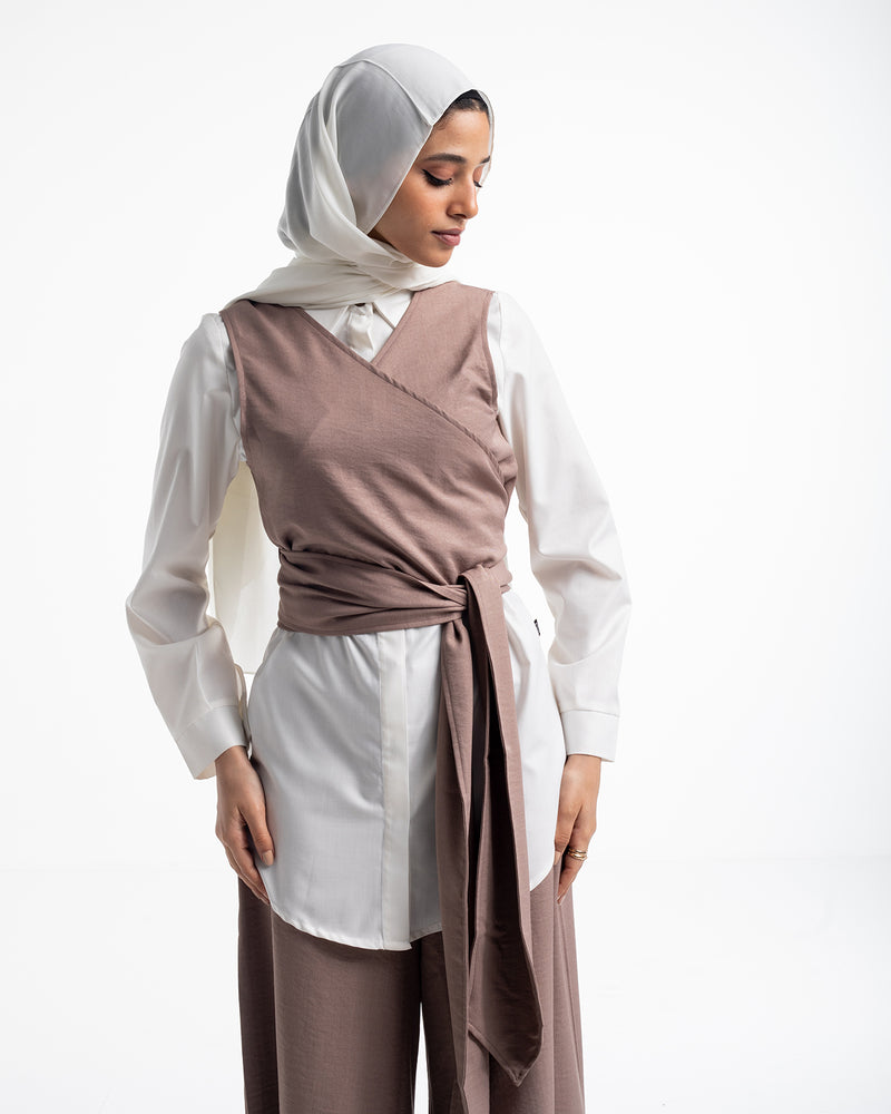 Linen Wrap Vest Cafe C114
