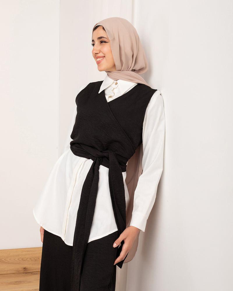 Linen Wrap Vest Black C114