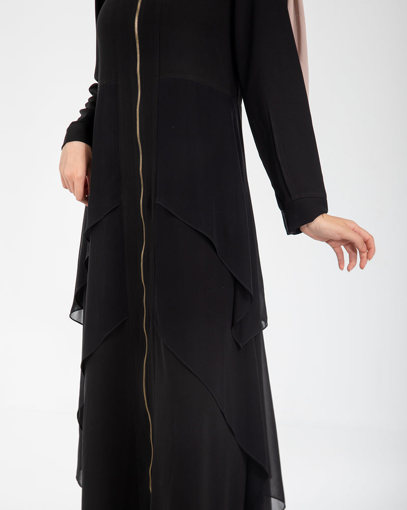 Layered Chiffon Abaya with Gold Zipper C161